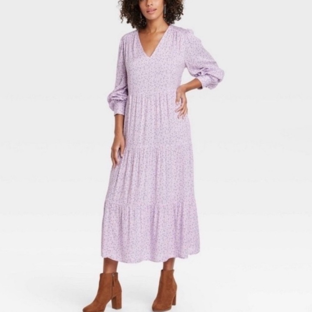 A New Day Lavender Floral Long Sleeve Midi Dress